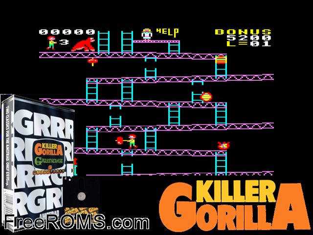 Killer Gorilla (UK) (1984) [a2] Amstrad CPC game showing 3D box cover and gameplay screenshot